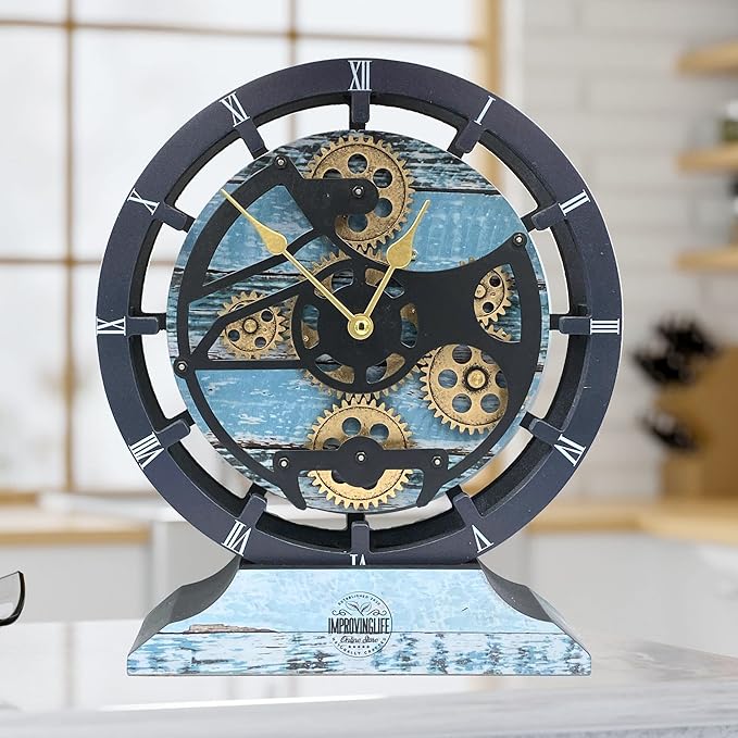 ImprovingLife The Gears Clock Desk Clock 10 inches with Real Moving Gears Convertible into Wall Clock (Aqua Green)