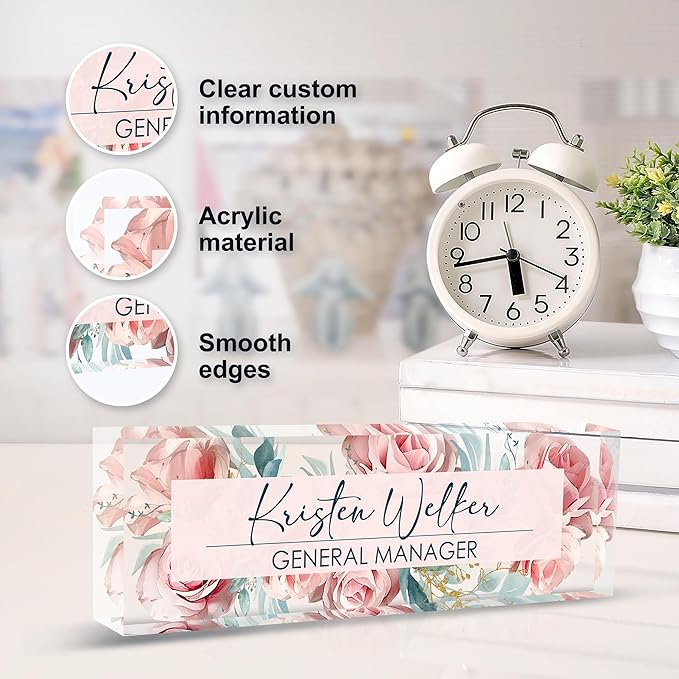 Custom Name Plate for Desk | Personalized Desk Name Plate | Personalized Boss Employee Appreciation Gifts | Acrylic Name Plate Office Desk Accessories (C-Pink Rose)