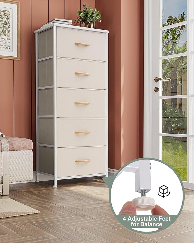 Crestlive Products Vertical Dresser Storage Tower - Sturdy Steel Frame, Wood Top, Easy Pull Fabric Bins - Organizer Unit for Bedroom, Hallway, Entryway, Closets - 5 Drawers(Beige)