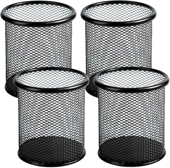 Ameceres 4 Packs Wire Mesh Pencil Holder Metal Pen Cup Desk Pen Organizer Case Pencil Jar Black for Office Home (Black)