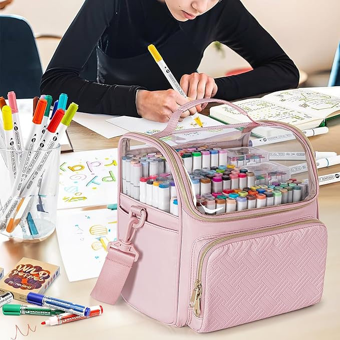 Large Marker Organizer Case for 180 Markers, Marker Storage Bag with Dividers and 4 Pockets for Paint Markers, Paint Brushes, Colored Pencils or Other Art Supplies, Pink (Patented Design)