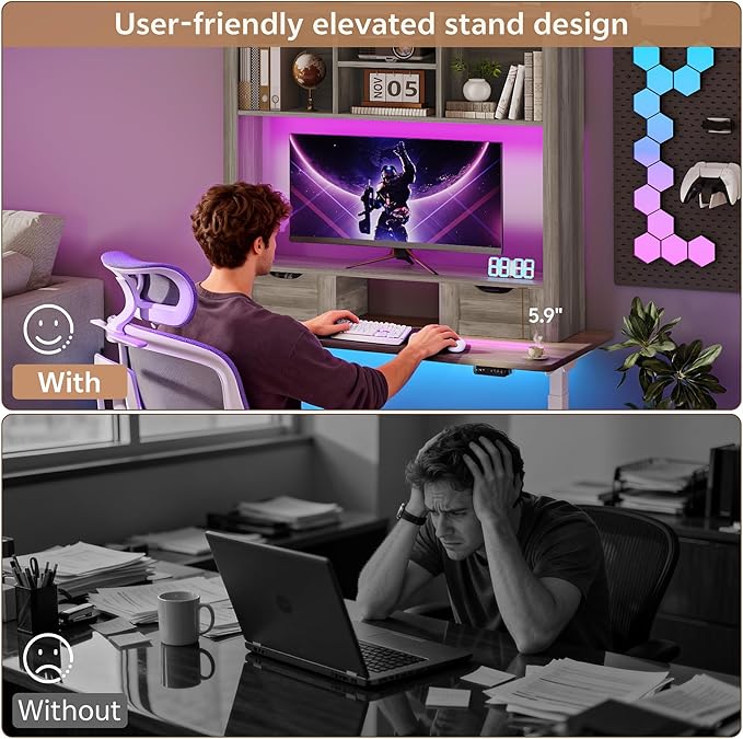 Desktop Bookshelf with Computer Monitor Stand, 37.4''W Desk Shelf Display Rack, Desktop Organizer Storage Rack with 4 Cubbies and 2 Drawers, 5-Tier Desk Hutch for Home, Office, Dorm, Vanity