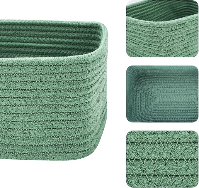Small Storage Baskets for Organizing | Closet Organizer Bins | Shelf Toy Basket | Woven Rope Baskets | Cube Decorative Box | Shallow Basket | 11.5x7.5x4.7” | 4 Packs Green