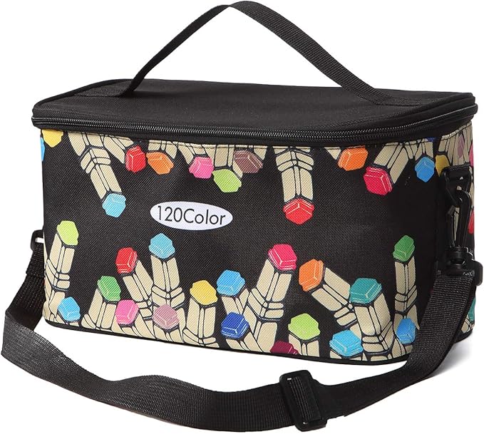 Toprema New Marker Pen Case Holder for 120 Markers Organizer Multifunctional Zipper Storage Carrying Bag with Pattern Black