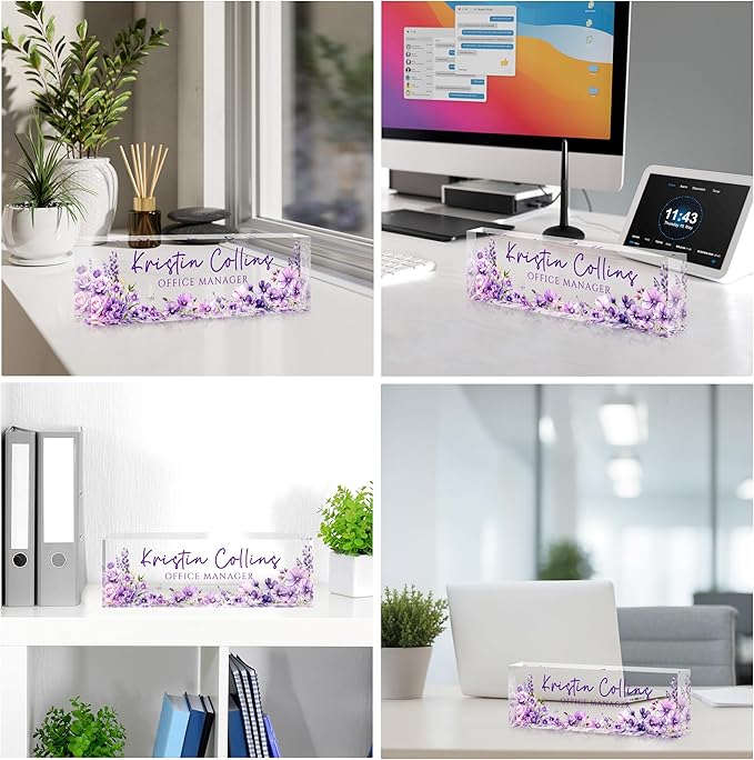 Custom Name Plate for Desk, Personalized Desk Name Plate on Clear Acrylic Glass, Appreciation Gifts for Teacher Employee Boss Coworkers Nurse, Office Desk Accessories for Women Men (Eggplant)