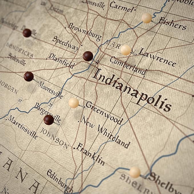 Conquest Maps Push Pin Indiana Map Board - With Push Pins to Mark Indiana Travels - Handmade in Ohio, USA - Design: Rustic Vintage