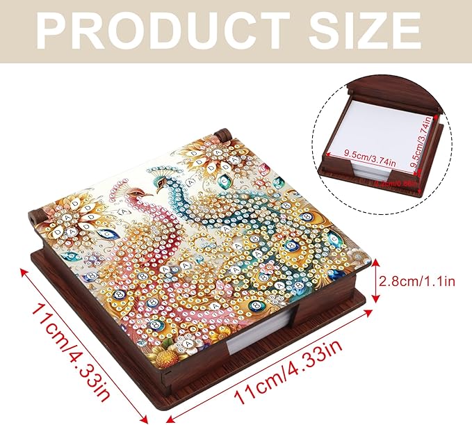 Wooden DIY Red Blue Peacock Diamond Art Notecard Box – DIY Gem Art Sticky Note Holder for Adults 160 Sheets Memo Pad Storage