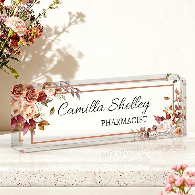 Ship Next Day-Custom Name Plate for Desk, Desk Name Plate Personalized, Acrylic Office Desk Accessories, Appreciation Gifts for Coworkers Employee Boss Teachers Women Men (Rose)