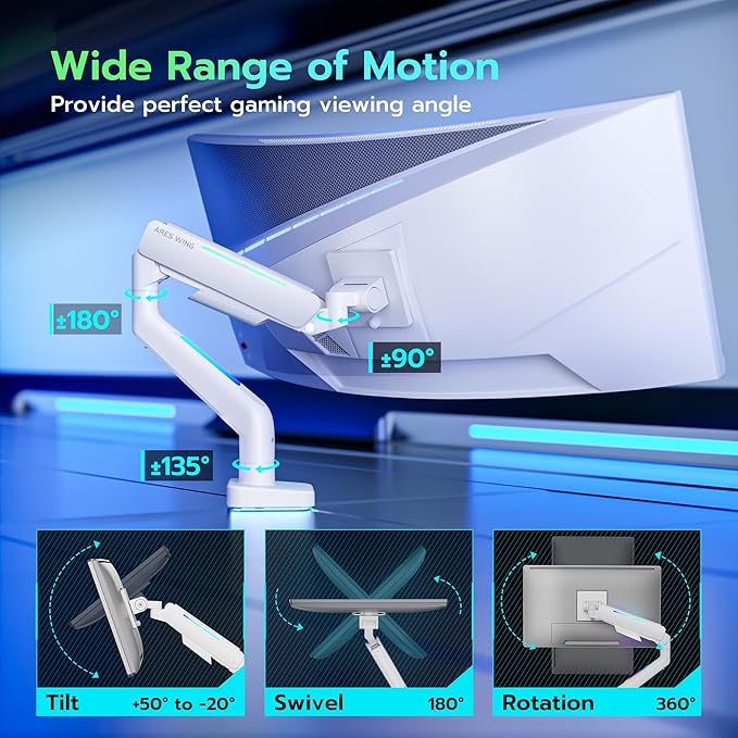 Ultrawide Monitor arm for 17-49'' Heavy Duty Screen up to 44lbs, Gas Spring Single Monitor Arm with RGB Light, Adjustable Gaming Computer Monitor Arm for Desk, White
