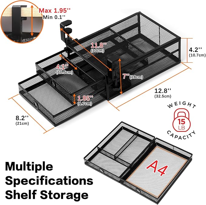 ROSYLINE Under Desk & Desktop Drawer Organizer - 2-Tier Metal Slide Out Drawers Organizer, Storage for Home Office Desk (Black)
