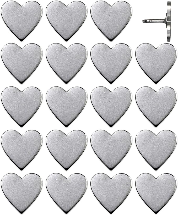Big Silver Heart Push Pins - Large Silver Metal Heart Map Pins - for Cork Board, Maps, or Lapel Pin Use - Designed in USA - Set of 20