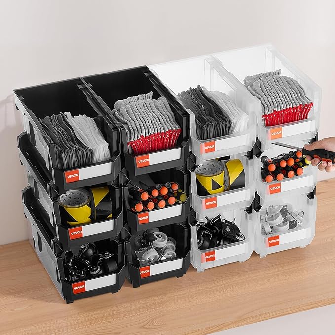 VEVOR Plastic Stackable Storage Bins, 14.8 x 8.5 x 7.1 inch (12 Pack), Plastic Containers for Organizing & Storage Bins for Garage, Small Parts, Office Supplies, Other Accessories, Black & Transparent