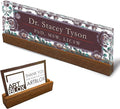 Artblox Personalized Office Desk Name Plate and Business Card Holder | Clear Acrylic Glass with Teak Wood Stand | Vintage Design Customized with Your Name and Credentials Office Desk Décor