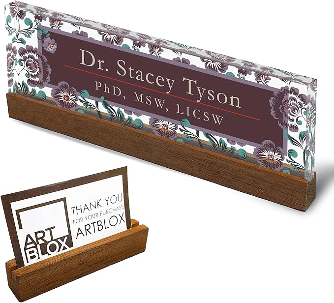 Artblox Personalized Office Desk Name Plate and Business Card Holder | Clear Acrylic Glass with Teak Wood Stand | Vintage Design Customized with Your Name and Credentials Office Desk Décor