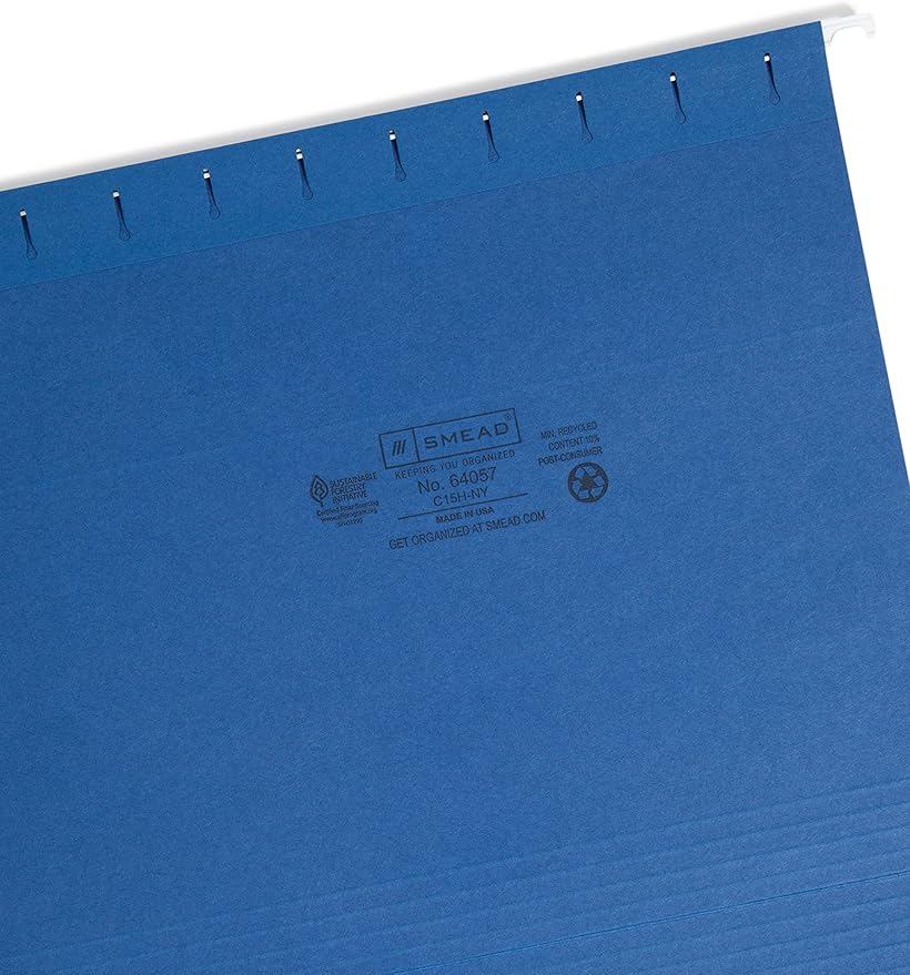Smead Colored Hanging File Folder with Tab, 1/5-Cut Adjustable Tab, Letter Size, Navy Blue, 25 per Box (64057)