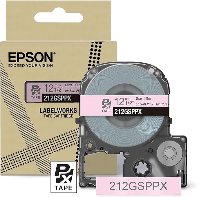 Epson LABELWORKS 212GSPPX Genuine PET (Polyester) Tape Cartridge - Gray on Soft Pink Designer Craft Label Maker Tape - 1/2" (12MM) Wide, 26'