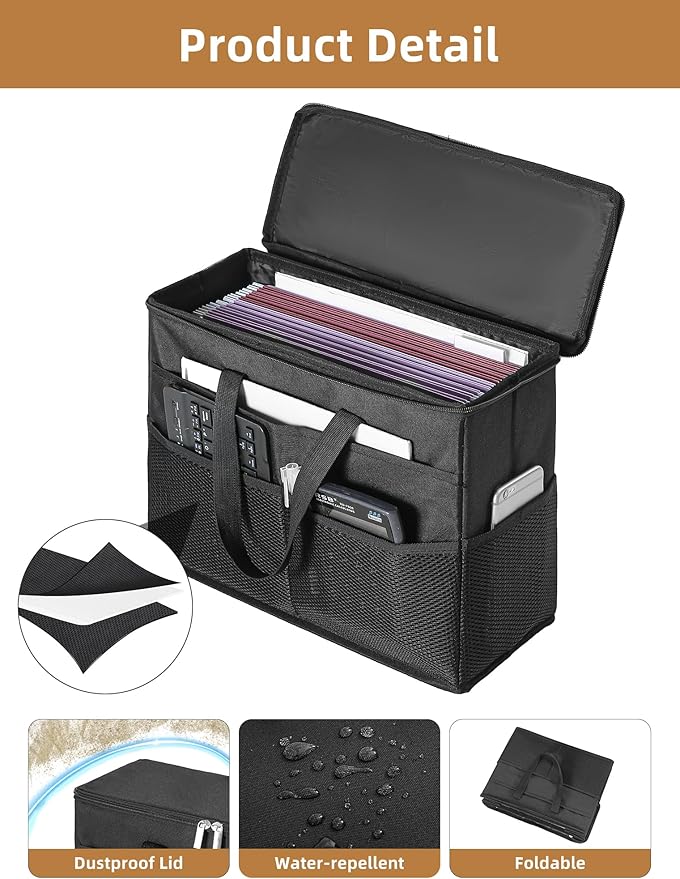 Qozary 2 Pack File Folder Organizer Box-Hanging File Tote Bag With Lids, Collapsible Portable Filing Organizer Box With Handle, Document Storage Bag For Office,Home,Travel, School