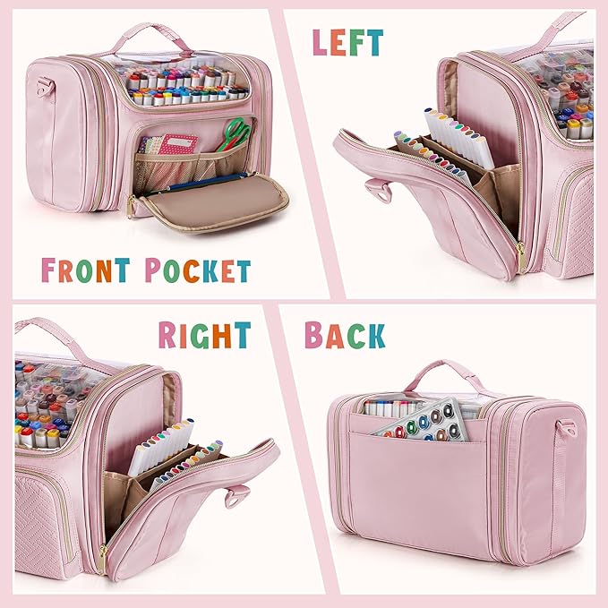 Marker Organizer Bag for 180-300 Markers, Large Marker Storage Case with Detachable Divider for Adults, Markers Travel Holder Case Bag for Various Markers or Other Art Craft Supply, Pink