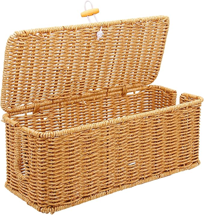 Cable Management Box, Handmade Imitation Rattan Cord Cable Organizer, Open Slots Cords Hider Box Cord Basket Under Desk Cord Organizer for Computer Router USB Hub & Power Strip