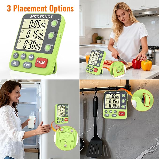 Digital Dual Kitchen Timer, 3 Channels Countdown Triple Timer for Cooking, Magnetic Memory-Preset Large-Display Adjustable Alarm Volume, Multi Times Management, 3A Battery Included, Green