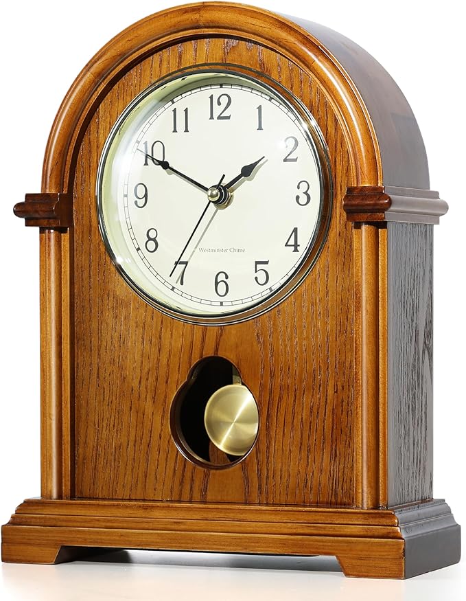 AYRELY® Grandfather Mantel Clock with Hour/Quarter-Hour Chime,Elegant Wooden Frame,Gold-Tone Pendulum Table Clocks Battery Operated,Desk Shelf Vintage Clock for Living Room,Home Decor Gift