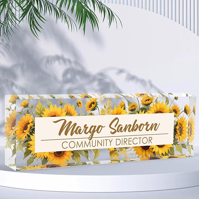 Personalized Office Name Plate, Custom Name Plate for Desks, Office Desk Decorations Gift for Women Men, Acrylic Desk Name Plate for Teacher Coworkers Staff Boss (Sunflower)