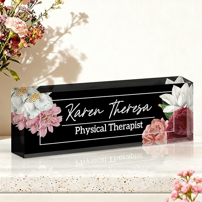 Ship Next Day-Custom Name Plate for Desk, Desk Name Plate Personalized, Acrylic Office Desk Accessories, Appreciation Gifts for Coworkers Employee Teachers Boss Women Men (Hibiscus Flower)