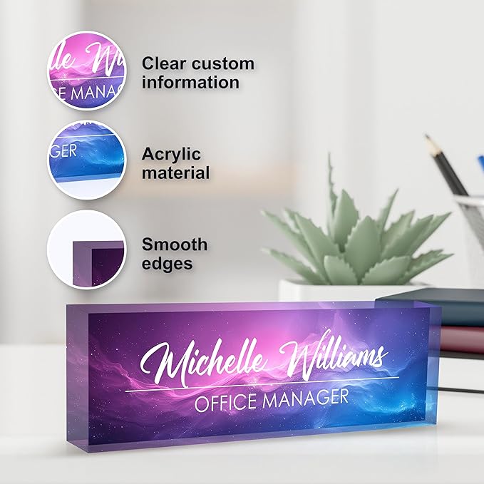 Personalized Name Plate for Desks, Custom Desk Name Plates, Acrylic Name Plate Office Desk Accessories, Personalized Office Gifts for Coworkers Teachers, Employee Appreciation Gifts (Purple Nebula)
