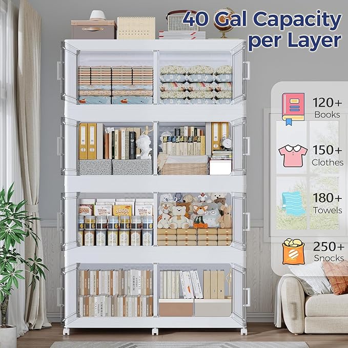 120GAL Storage Bins with Lid and Wheels, Stackable Closet Organizers and Storage Drawer, Collapsible Storage Box with Dividers, Foldable Plastic Cabinets for Room, Kitchen, 3 Pack White