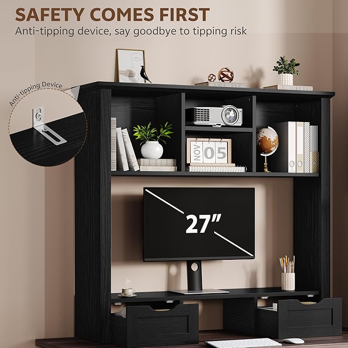 Desktop Bookshelf with Computer Monitor Stand, 37.4''W Desk Shelf Display Rack, Desktop Organizer Storage Rack with 4 Cubbies and 2 Drawers, 5-Tier Desk Hutch for Home, Office, Dorm, Vanity