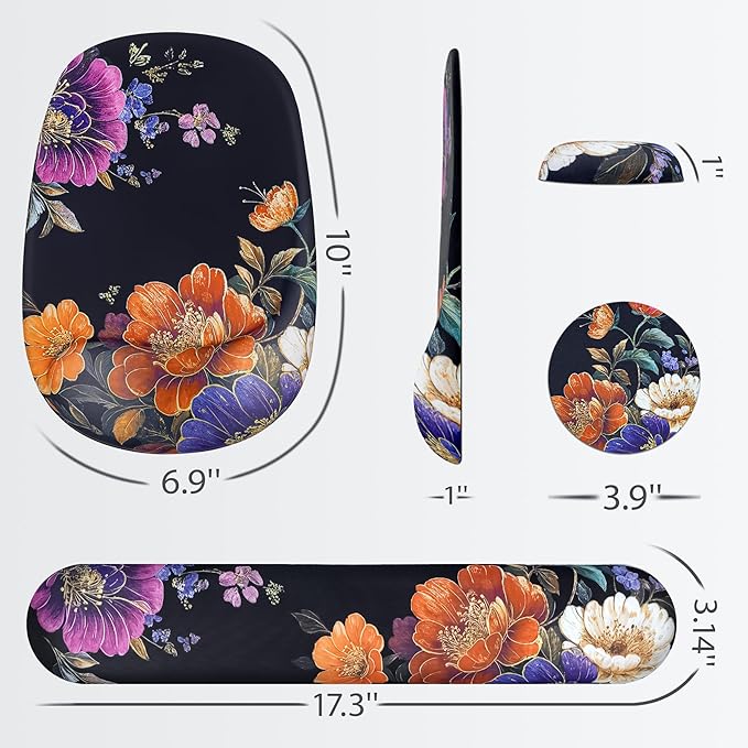 Ospelelf Wrist Rest for Keyboard and Mouse Ergonomic Mouse Pad with Wrist Support Memory Foam Wrist Rest for Computer Keyboard,3-in-1 Gel Mouse and Keyboard Pad for Office Black Flower