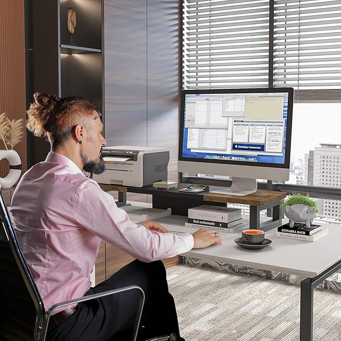 WESTREE Dual Monitor Stand Riser, Wood and Steel Multi-Purpose Desktop Storage Stand for 2 Monitors for Computer, Laptop, Printer, TV, Rustic Brown