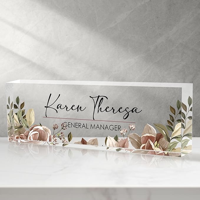 Custom Office Name Plate, Personalized Gifts for Women & Men, Appreciation Gifts for Employees, Office Desk Accessory (Tea Colored Flower)