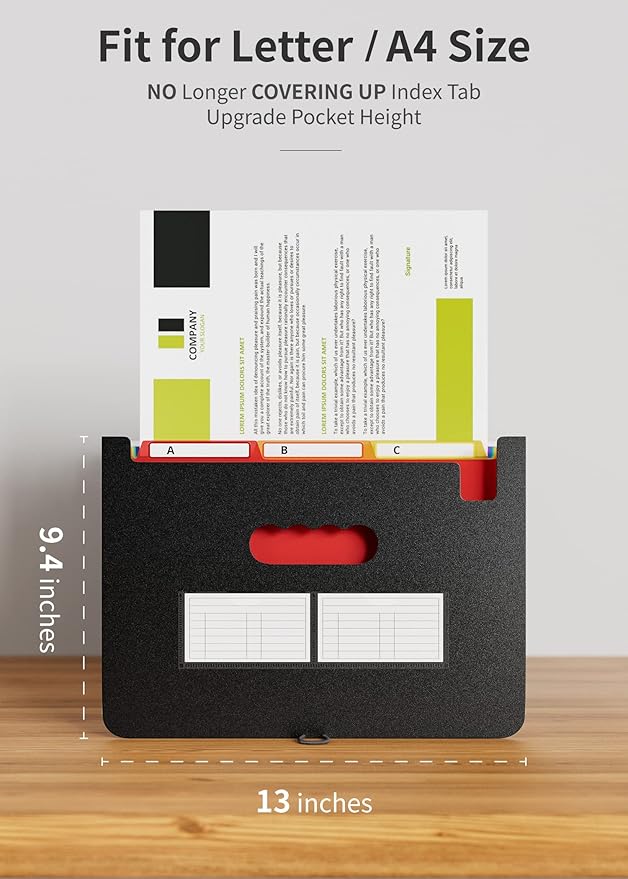 ABC life 26 Pockets File Organizer, Expanding File Folder A4 Letter Size, Portable Monthly Paper Bill Tax Receipt Organizer, Document Holder with Labels, A-Z Alphabetical Colored Tabs - Black