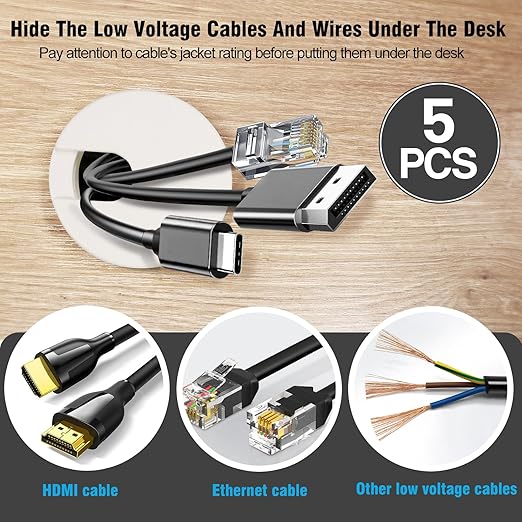 1-3/8" White Desk Grommet, JTemgle Plastic Cable Hole Cover Computer Table Cord Wire Organizer Caps Desktop Cord Management for Home Office TV Stands Tabletops, 5 Pieces