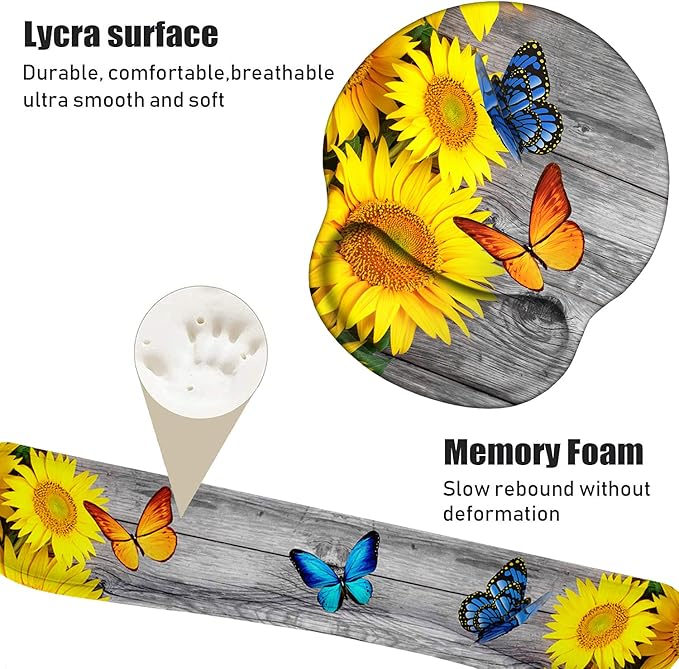 Keyboard Wrist Rest and Mouse Pad Wrist Support Set with Coasters, Non-Slip PU Base Ergonomic Gaming Mousepad for Home Office Working Studying Easy Typing & Pain Relief - Sunflower and Butterfly