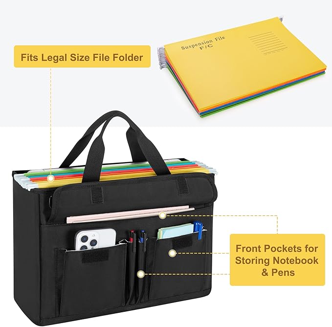 LoDrid Portable File Box with Handle, Foldable Bag for Legal Size File Folder, Separated Storage Laptop Layer (up to 15.6 Inch), Black, Bag Only(Patent Design)