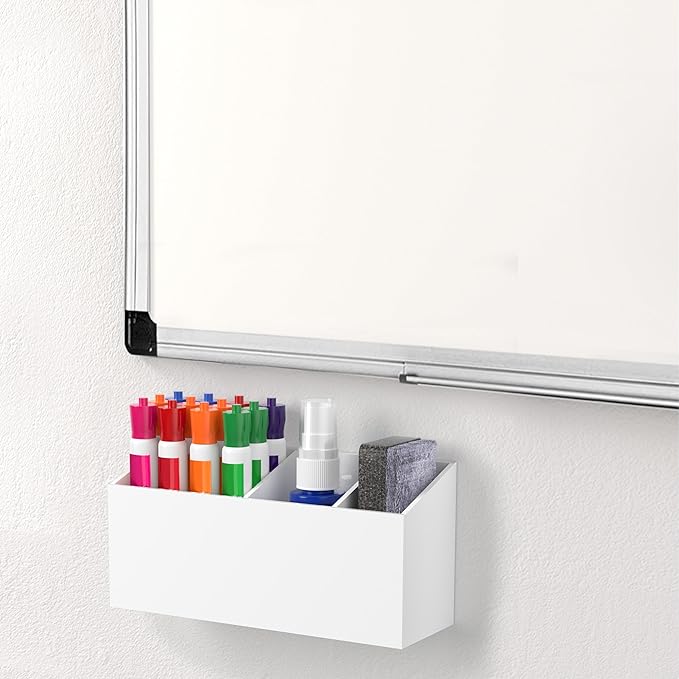 HBlife Magnetic Dry Erase Marker Holder for Whiteboard with 3 Compartments, Acrylic Wall Mount Magnet Pen Pencil Holder for Refrigerator, Locker Organizer Accessories for Classroom Office, White