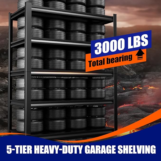 71" H-46 W Garage Shelving, 5-Tier Heavy Duty Storage Shelves, Adjustable Metal Shelving Unit, Utility Garage Organizer Shelf for Basement, Pantry, Warehouse, 20" D x 46" W x 71.2" H, Black