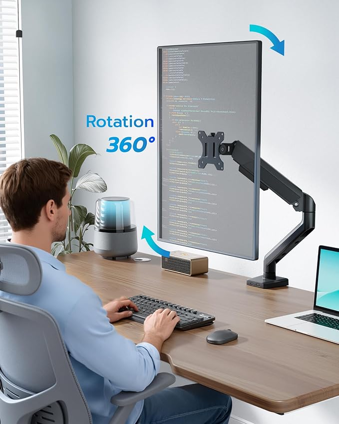 ARES WING Heavy Duty Single Monitor Arm - Fully Adjustable Monitor Mount for 17"-40" Ultrawide Screens Up to 26.4 lbs with Clamp/Grommet Desk Mount, 75/100 Vesa Mount, Black