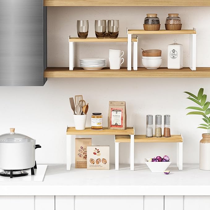 Kitchen Cabinet Organizer Set of 4, Desk Shelf Riser, Stackable Cabinet Pantry Cupboard Organizer, Kitchen Counter top Shelf, Storage Rack for Spices, Plates, Bamboo Wood, White