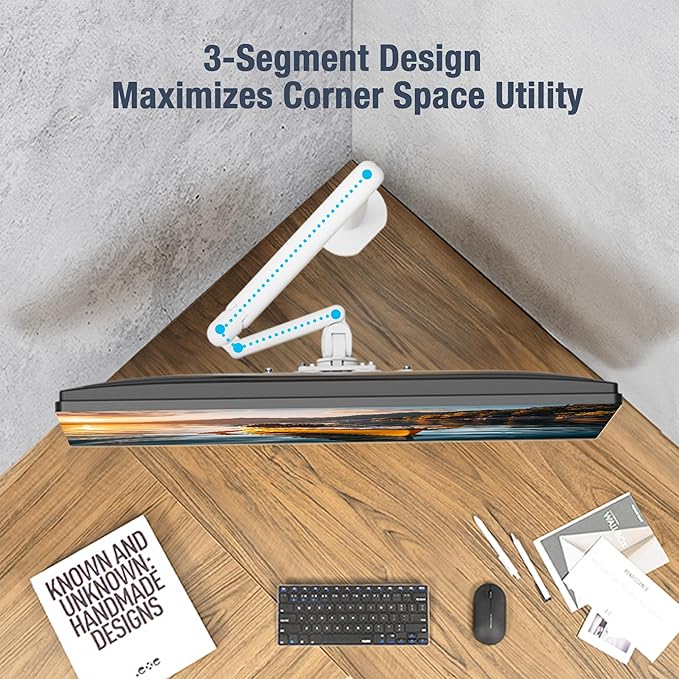 AVLT Single 17"-40" Ultrawide 3-Segment Easel Monitor Arm for Screens Up to 24.3 lbs, Aluminum Designer Stand, Adjustable Pneumatic Height, Full Motion Swivel Tilt Rotation, USB-C USB-A Ports, White