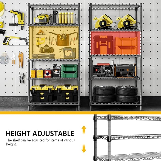1250 lbs 5 Tier Shelf Metal Storage Shelves Shelving Wire Rack Heavy Duty Closet Organizers for Garage Kitchen Bathroom Laundry Black 13.8" D x 35.4" W x 68.5" H