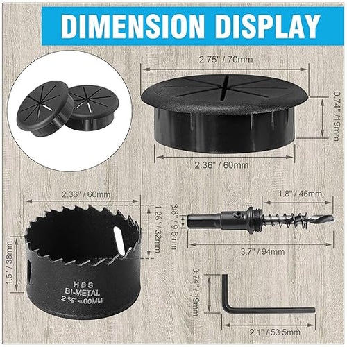 2-3/8" Black Desk Grommet, JTemgle Flexible Cable Grommet with Bi-Metal Hole Saw Rubber Cable Hole Cover Wire Organizer Caps Desktop Cord Management for Home Office TV Stands Tabletops, 7 Pieces