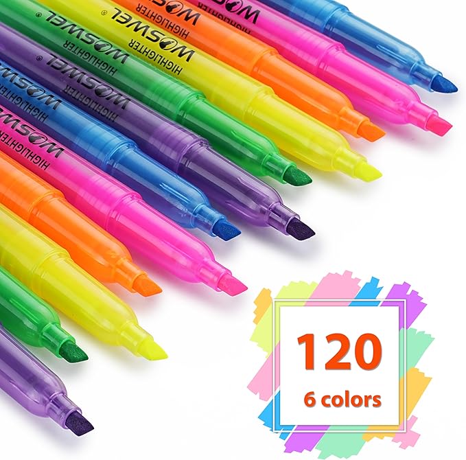 WOSWEL Highlighters Bulk, 120 Pack 6 Assorted Colors No Bleed Chisel Tip Highlighter Markers, Teachers Must Have, Office Supplies