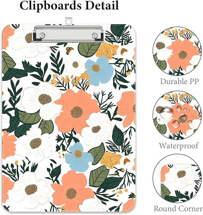 Rimilak Plastic Clipboards with Metal Clip, A4 Letter Size 9 x 12.5 in, Office Decorative for Students Women Men and Kids, Cute Custom Pattern, Beauty Flower