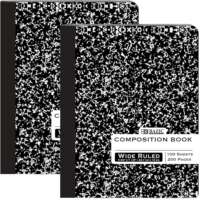 BAZIC Products Composition Notebook Wide Ruled - 100 Sheets, Black Marble Composition Notebook with Durable Cover, Non-Spiral for Journaling, School, Home, or Office, 2-Packs