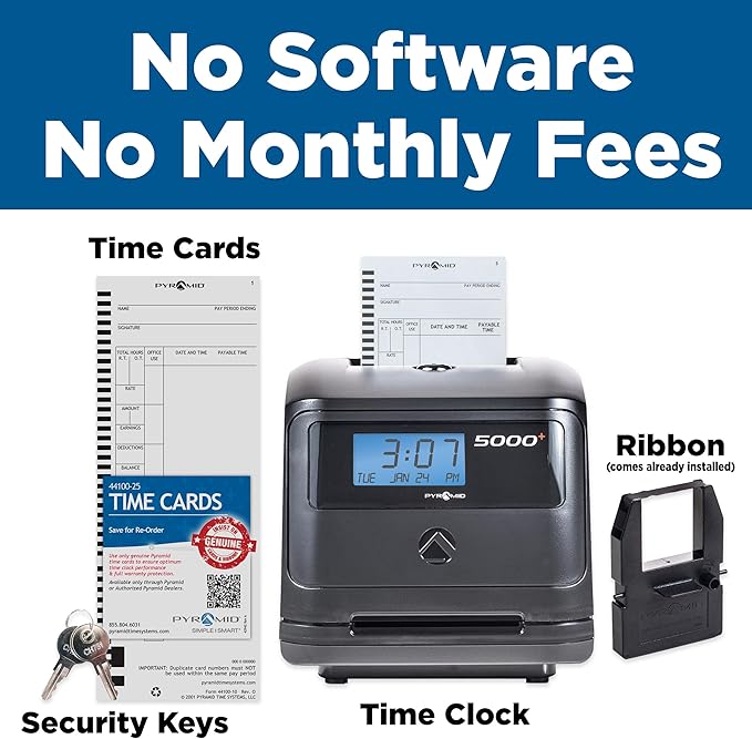 Pyramid Time Systems - Model 5000 Auto Totaling Time Clock, Employee in/Out Time Tracker for Small Business, Includes: 25 Time Cards,1 Ink Ribbon Cartridge, 2 Security Keys and User Guide - Black