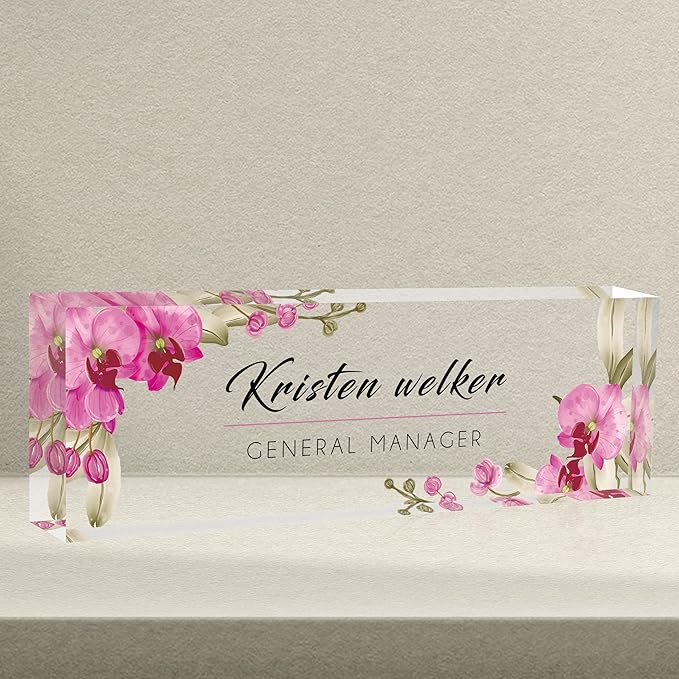 Desk Name Plate Personalized, Premium Butterfly Orchid Acrylic Desk Name Plate, Personalized Name Plate for Desk, Office Decor for Women or Men Coworkers, Boss, Employee, Teacher