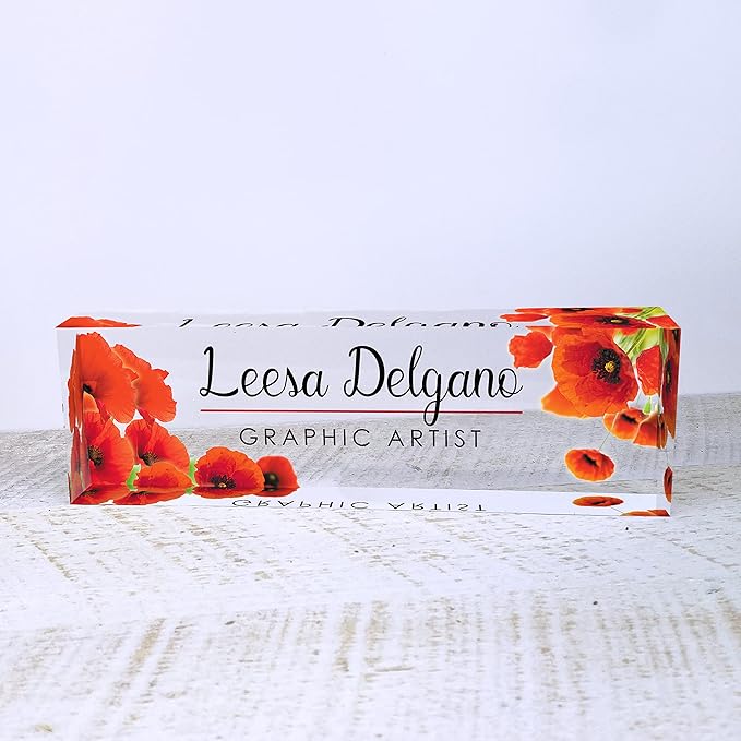 Artblox Personalized Name Plate for Desk | Poppy Flowers Design On Clear Acrylic Glass | Custom Desk Name Plate Personalized with Your Name and Credentials for Teacher Phd Military Office